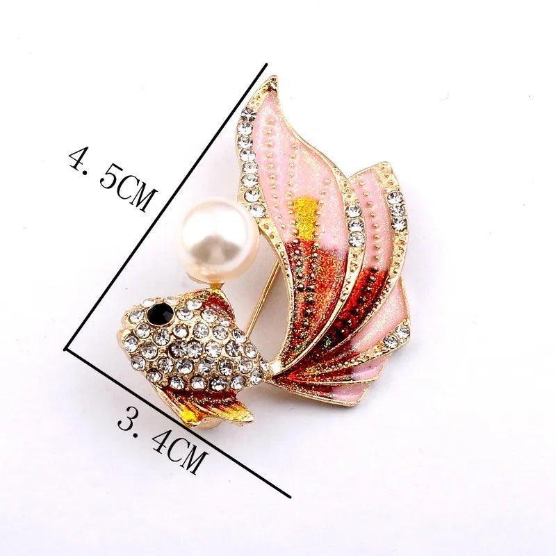 Dospita Cute Color Goldfish Brooch Fashion Rhinesonte Pearl Fish Animal Pin Brooches Accessories