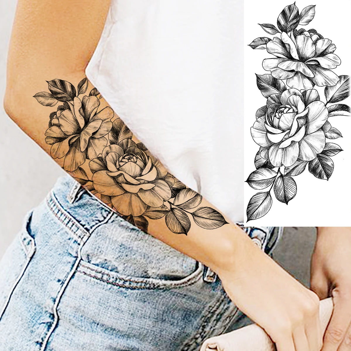 Dospita  -  Black Realistic Rose Flower Temporary Tattoos For Women Adult Girl Peony Realistic Fake Tattoowashable Half Sleeve Tatoos Decal