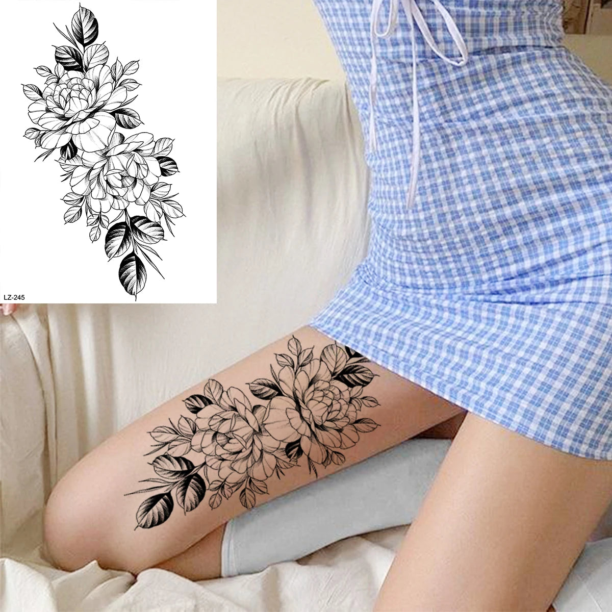 Dospita  -  3D Black Rose Flower Mandala Pendant Temporary Tattoos For Women Adult Lotus Peony Compass Fake Tattoo Sexy Thigh Washable Tatoo