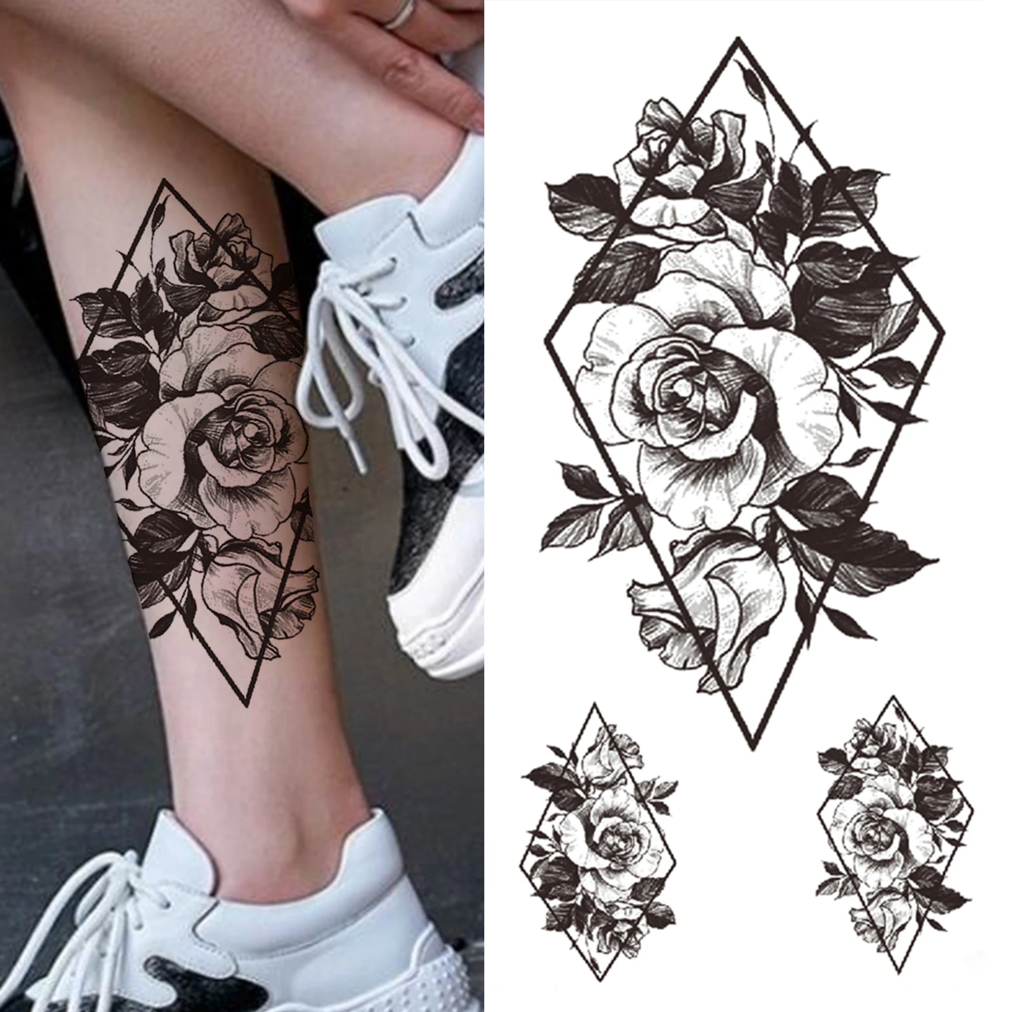 Dospita  -  Black 3D Rose Temporary Tattoo For Women Girls Adult Peony Dahlia Flower Tattoos Sticker Black Flora Glory Geometric Arm Tatoos