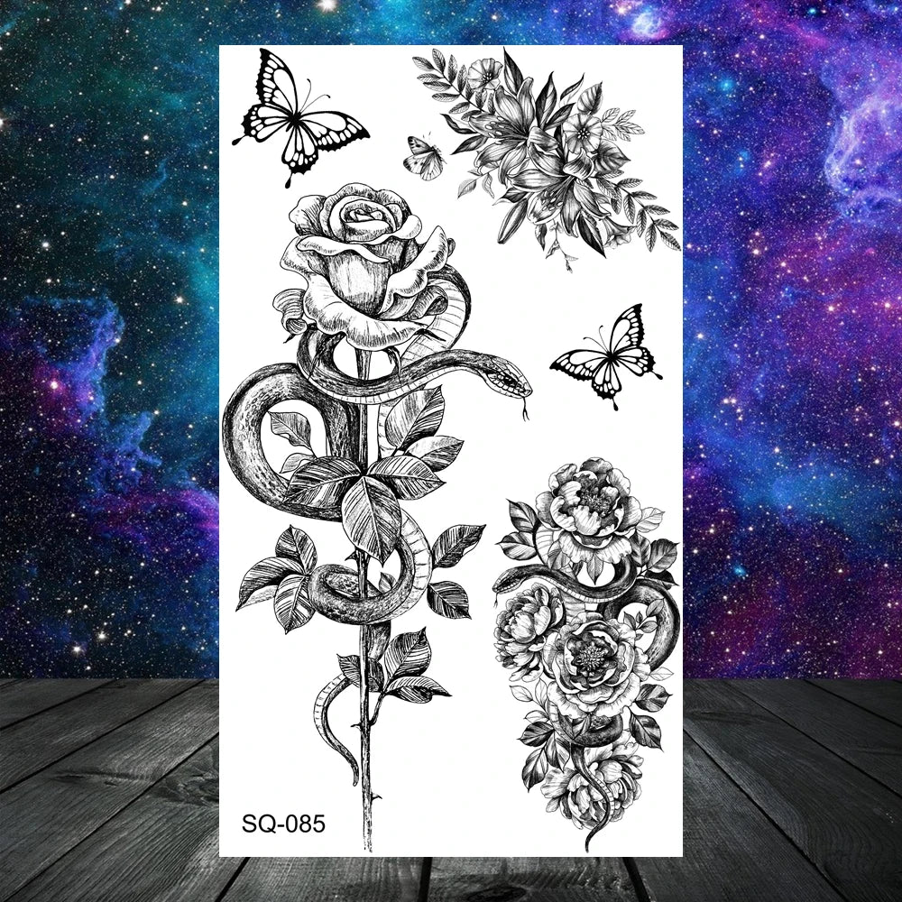 Dospita  -  3D Realistic Snake Moon Temporary Tattoos For Women Adult Men Kids Rose Flower Skull Wolf Fake Tattoo Neck Arm Hands Small Tatoo