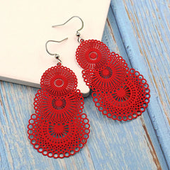 Dospita Red Round Earrings Bohemian Openwork Pattern Earrings For Women Big Statement Earrings Bridal Party Jewelry Long Drop Earrings