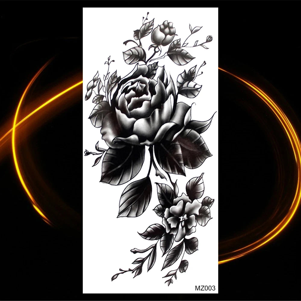 Dospita  -  Black Realistic Rose Flower Temporary Tattoos For Women Adult Girl Peony Realistic Fake Tattoowashable Half Sleeve Tatoos Decal