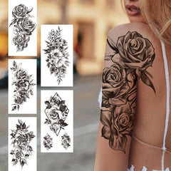 Dospita  -  Black 3D Rose Temporary Tattoo For Women Girls Adult Peony Dahlia Flower Tattoos Sticker Black Flora Glory Geometric Arm Tatoos