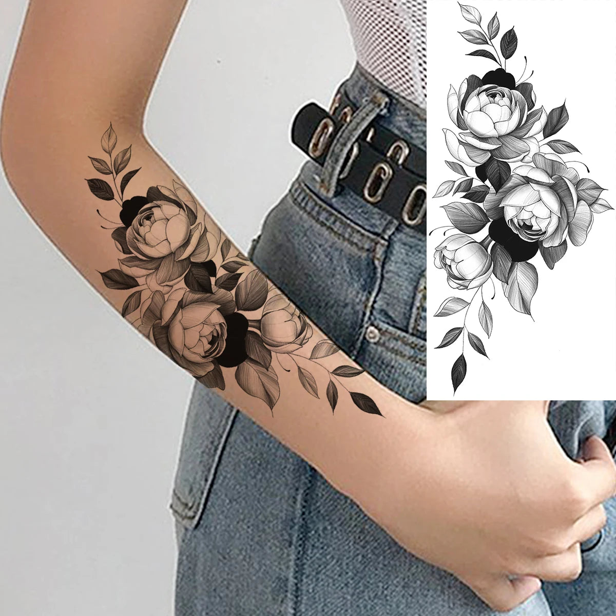 Dospita  -  Black Realistic Rose Flower Temporary Tattoos For Women Adult Girl Peony Realistic Fake Tattoowashable Half Sleeve Tatoos Decal