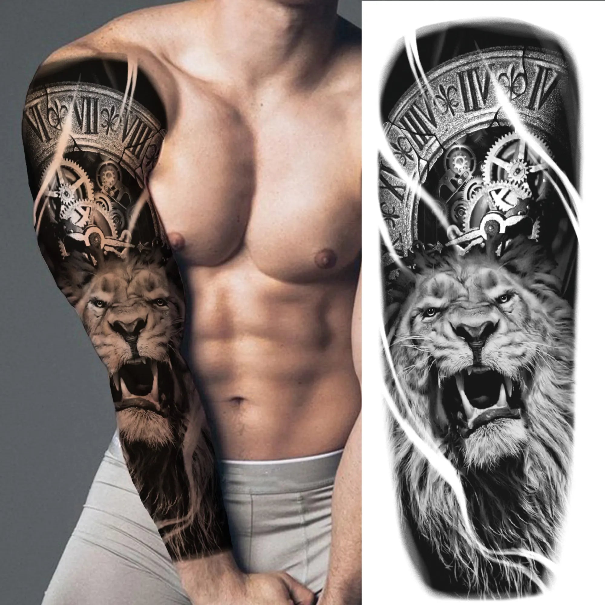 Dospita  -  Black Forest Wolf Temporary Tattoos Sleeve For Men Women Fake Soldier Compass Eye Tattoo Sticker Full Arm Washable Tatoos Sets