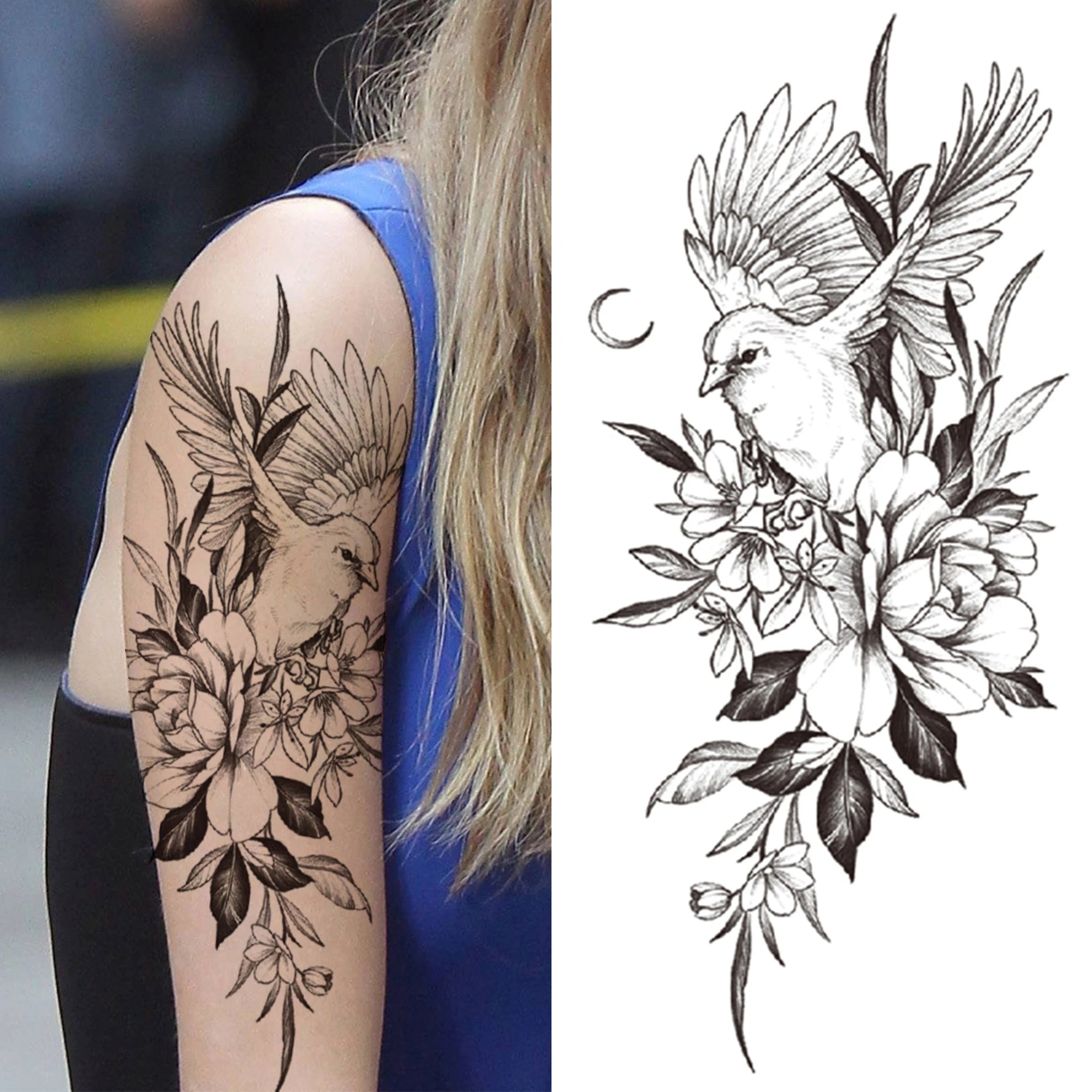 Dospita  -  Black 3D Rose Temporary Tattoo For Women Girls Adult Peony Dahlia Flower Tattoos Sticker Black Flora Glory Geometric Arm Tatoos