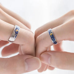 Dospita  -  2Pcs S925 Silver Plated Van Gogh Blue Starry Sky Open Lover Rings Band Love Forever Ring Set Romantic Jewelry