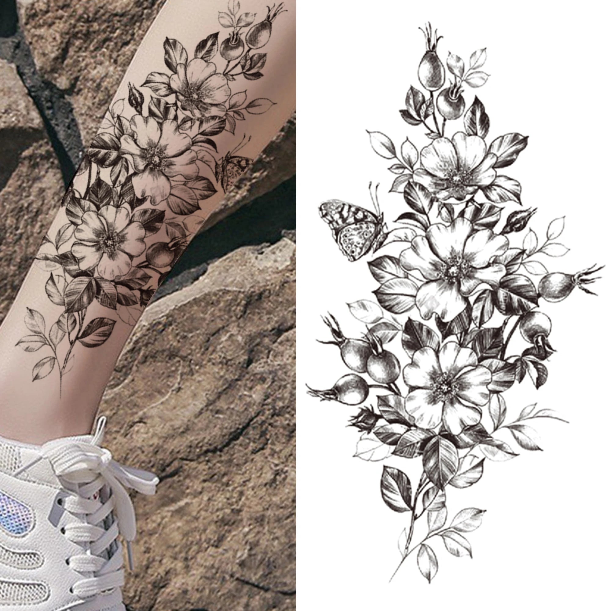 Dospita  -  Black 3D Rose Temporary Tattoo For Women Girls Adult Peony Dahlia Flower Tattoos Sticker Black Flora Glory Geometric Arm Tatoos