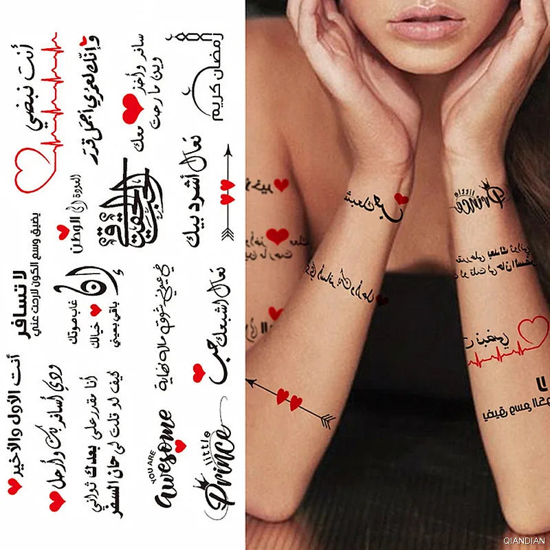 Dospita  -  Black Alphabet Letter Temporary Tattoo Sticker Arm Sleeve Love Word Heart Lightning Fashion Fake Body Leg Finger Women Totem