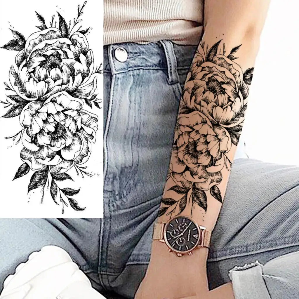 Dospita  -  Black Realistic Rose Flower Temporary Tattoos For Women Adult Girl Peony Realistic Fake Tattoowashable Half Sleeve Tatoos Decal