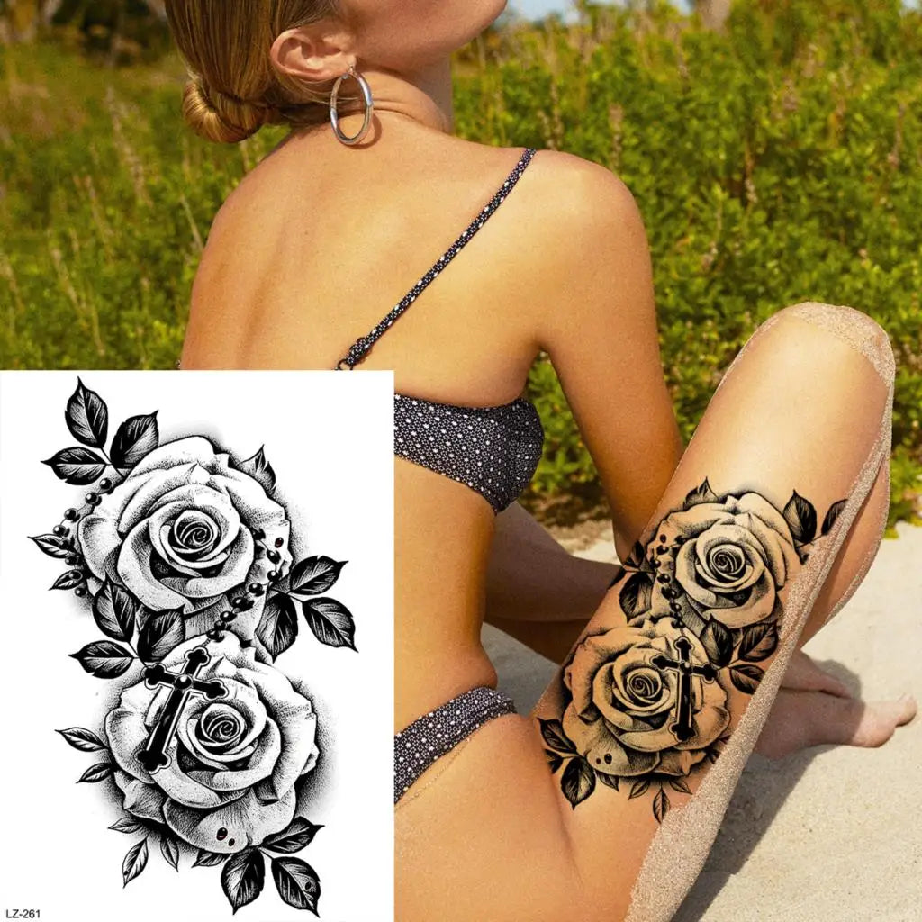 Dospita  -  3D Black Rose Flower Mandala Pendant Temporary Tattoos For Women Adult Lotus Peony Compass Fake Tattoo Sexy Thigh Washable Tatoo