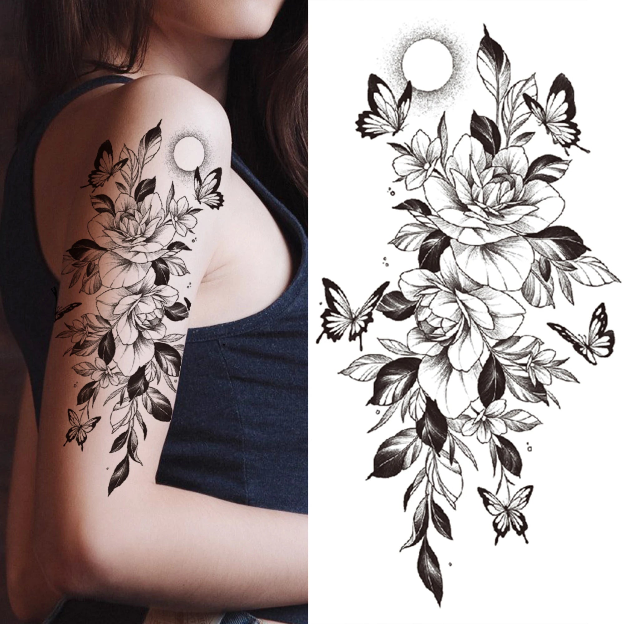 Dospita  -  Black 3D Rose Temporary Tattoo For Women Girls Adult Peony Dahlia Flower Tattoos Sticker Black Flora Glory Geometric Arm Tatoos