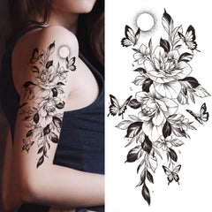 Dospita  -  Black 3D Rose Temporary Tattoo For Women Girls Adult Peony Dahlia Flower Tattoos Sticker Black Flora Glory Geometric Arm Tatoos