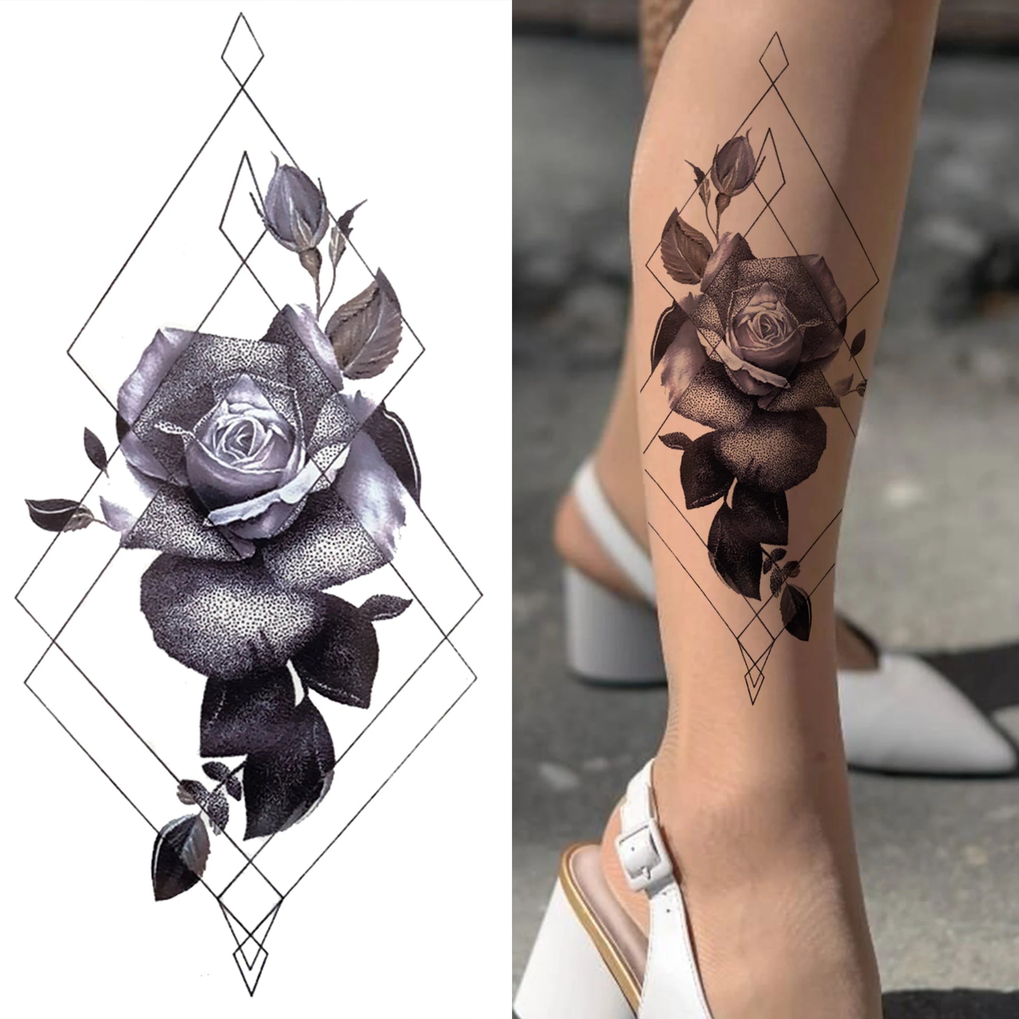 Dospita  -  Black 3D Rose Temporary Tattoo For Women Girls Adult Peony Dahlia Flower Tattoos Sticker Black Flora Glory Geometric Arm Tatoos