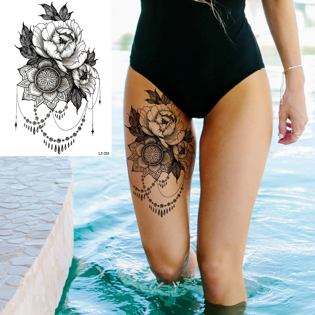 Dospita  -  3D Black Rose Flower Mandala Pendant Temporary Tattoos For Women Adult Lotus Peony Compass Fake Tattoo Sexy Thigh Washable Tatoo