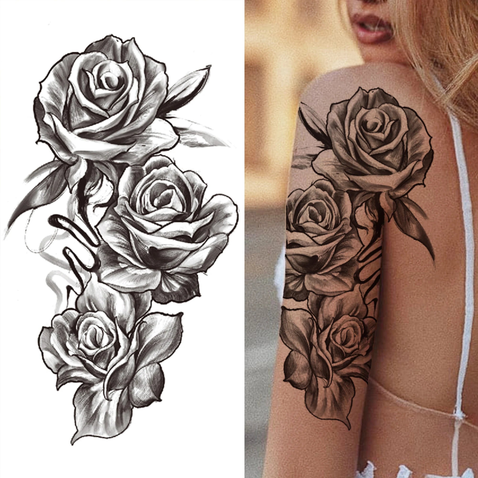 Dospita  -  Black 3D Rose Temporary Tattoo For Women Girls Adult Peony Dahlia Flower Tattoos Sticker Black Flora Glory Geometric Arm Tatoos