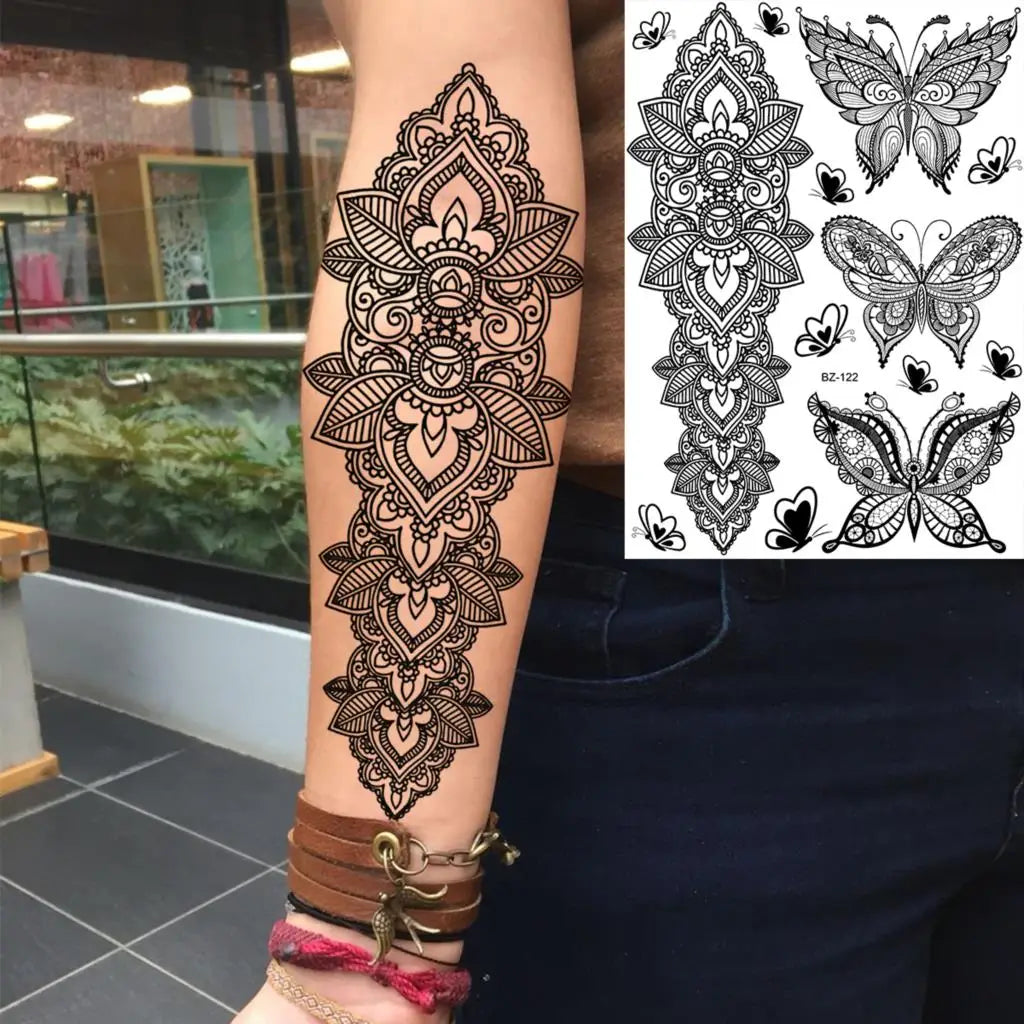 Dospita  -  Black Henna Lotus Pendant Temporary Tattoos For Women Adult DreamCatcher Elephant Fake Tattoo Body Art Underboob Tatoos