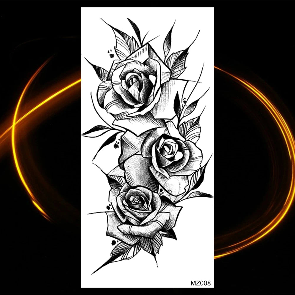 Dospita  -  Black Realistic Rose Flower Temporary Tattoos For Women Adult Girl Peony Realistic Fake Tattoowashable Half Sleeve Tatoos Decal