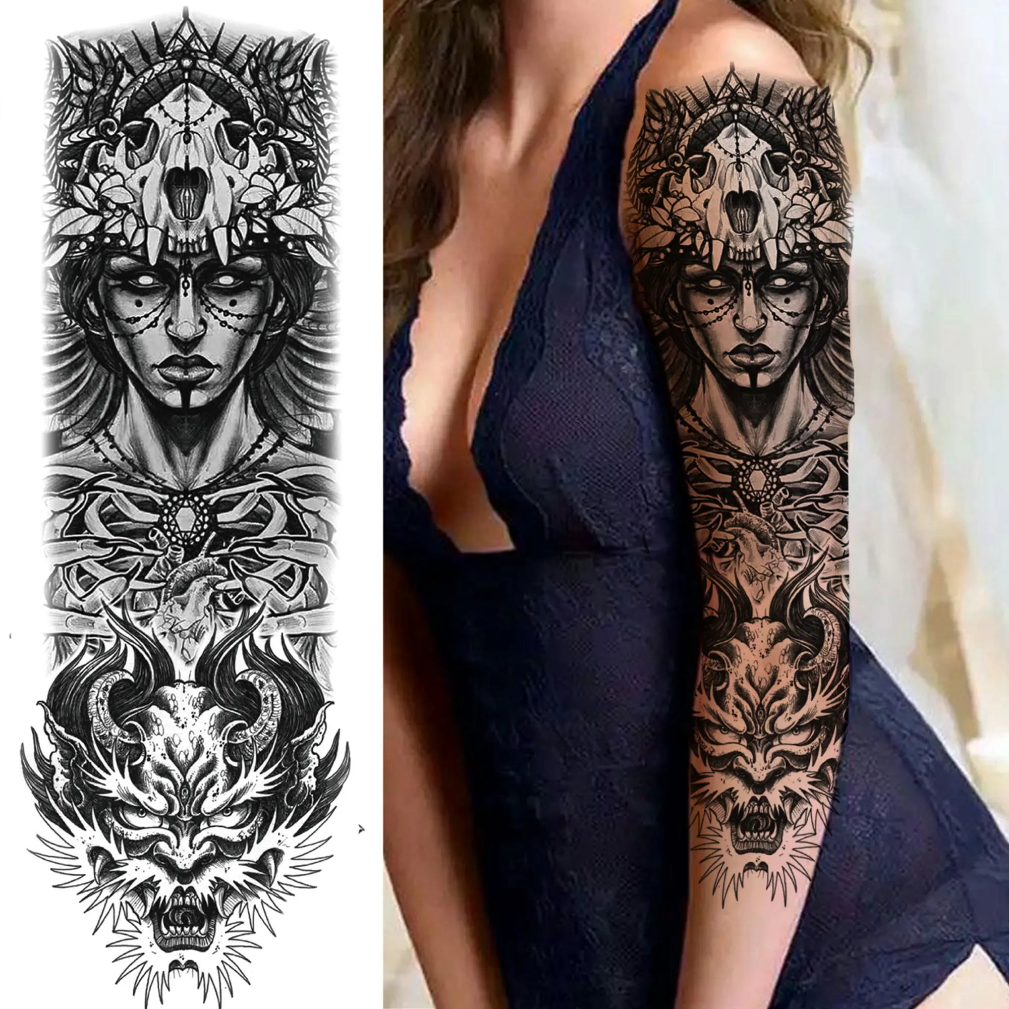 Dospita  -  Black Forest Wolf Temporary Tattoos Sleeve For Men Women Fake Soldier Compass Eye Tattoo Sticker Full Arm Washable Tatoos Sets