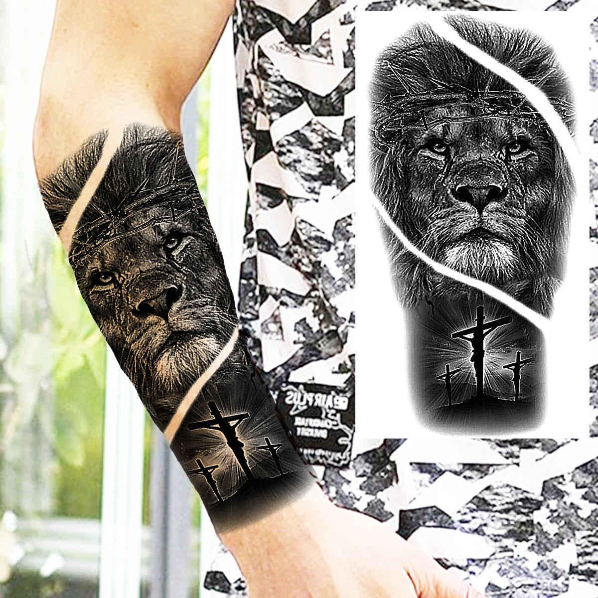 Dospita  -  Black Clown Temporary Tattoos For Women Men Realistic Lion Crown Pirate Captain Scary Fake Tattoo Sticker Forearm Tatoos DIY