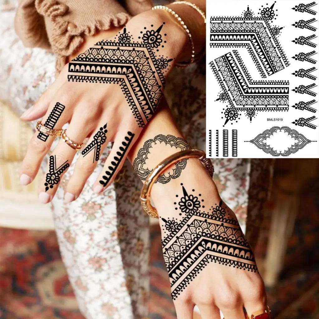 Dospita  -  Black Henna Lotus Pendant Temporary Tattoos For Women Adult DreamCatcher Elephant Fake Tattoo Body Art Underboob Tatoos