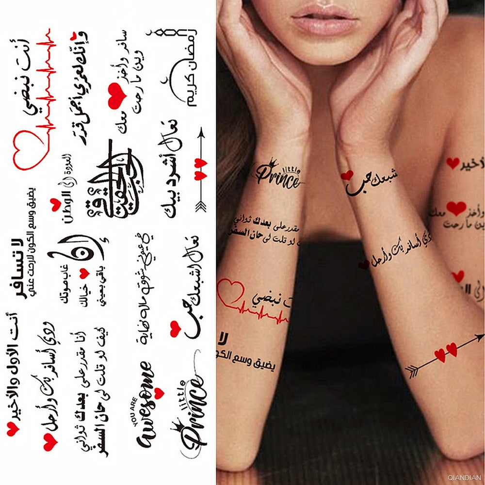 Dospita  -  Black Alphabet Letter Temporary Tattoo Sticker Arm Sleeve Love Word Heart Lightning Fashion Fake Body Leg Finger Women Totem