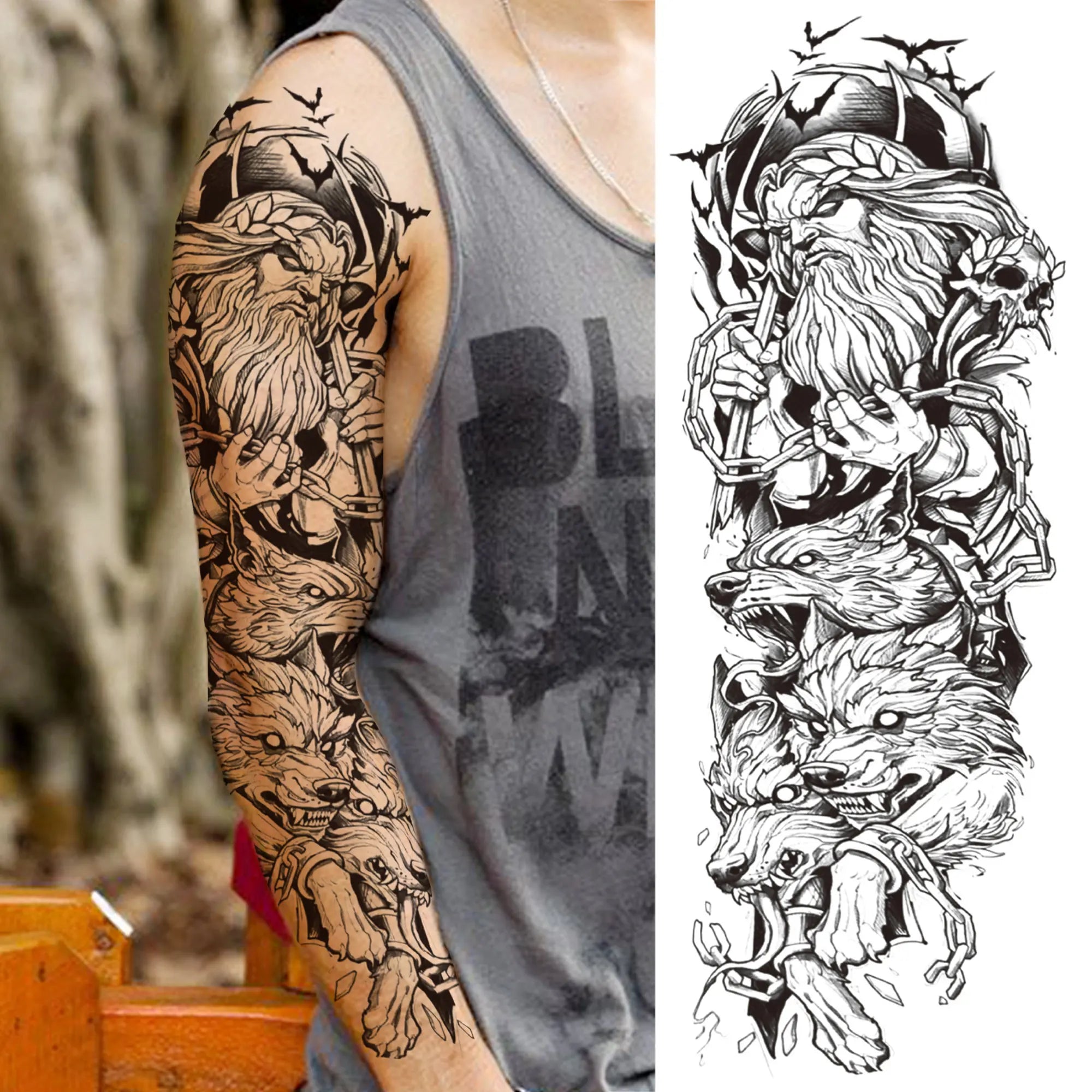 Dospita  -  Black Forest Wolf Temporary Tattoos Sleeve For Men Women Fake Soldier Compass Eye Tattoo Sticker Full Arm Washable Tatoos Sets