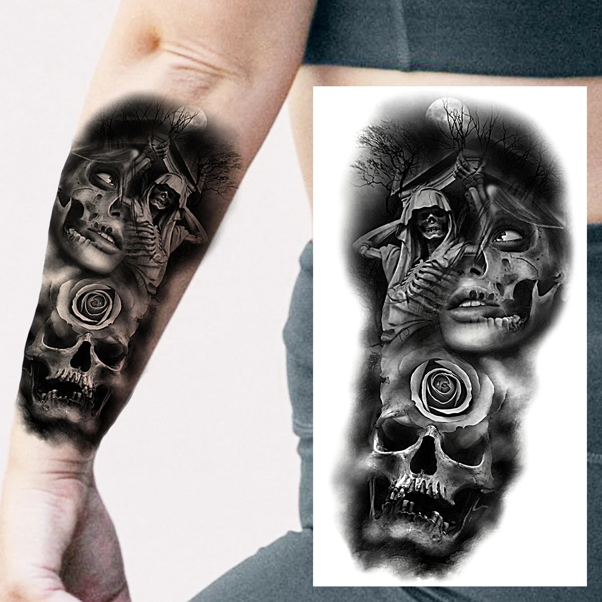 Dospita  -  Black Forest Temporary Tattoos For Women Men Realistic Clown Mask Skull Dahlia Fake Tattoo Sticker Forearm Leg Tatoos Hot Sale