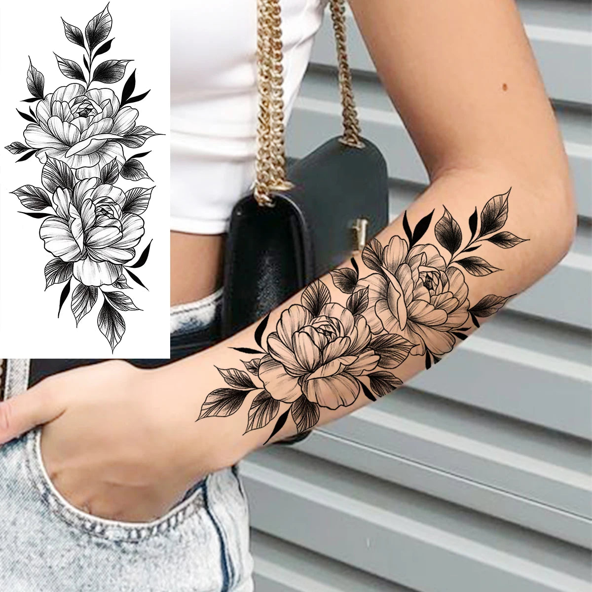 Dospita  -  Black Realistic Rose Flower Temporary Tattoos For Women Adult Girl Peony Realistic Fake Tattoowashable Half Sleeve Tatoos Decal