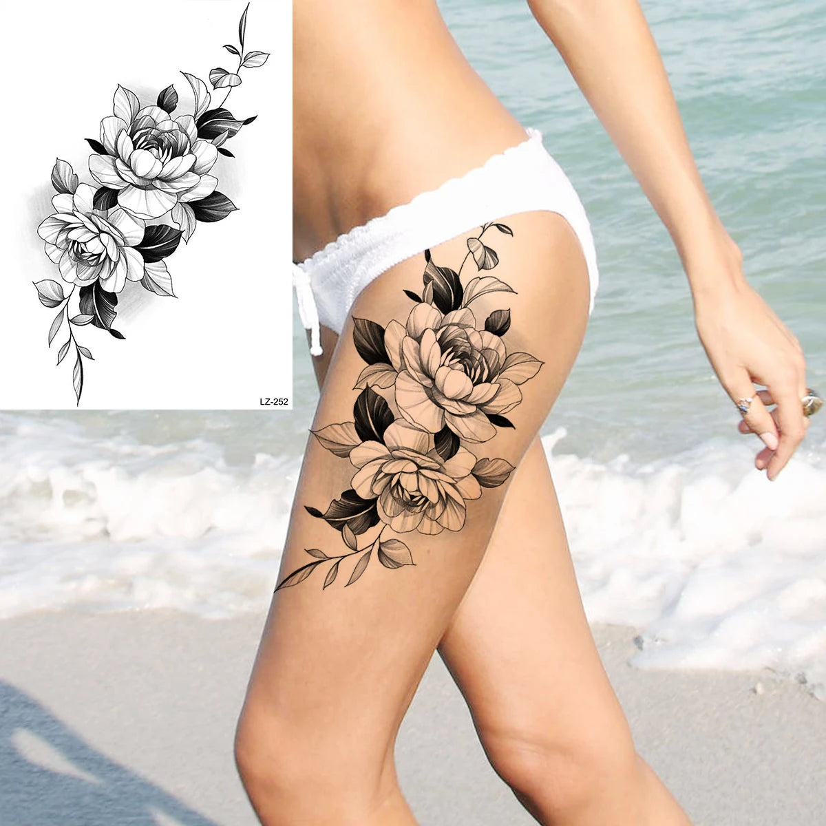 Dospita  -  3D Black Rose Flower Mandala Pendant Temporary Tattoos For Women Adult Lotus Peony Compass Fake Tattoo Sexy Thigh Washable Tatoo