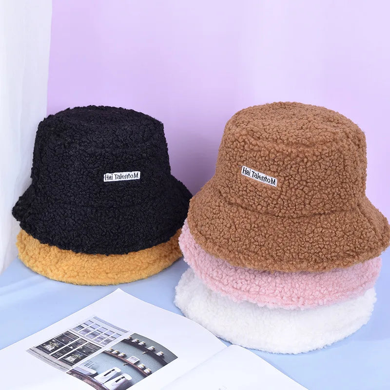 Dospita Lamb Wool Faux Fur Bucket Hat Winter Warm Teddy Velvet Hats for Women Lady Thicken Bob Panama Outdoor Fisherman Hat Caps