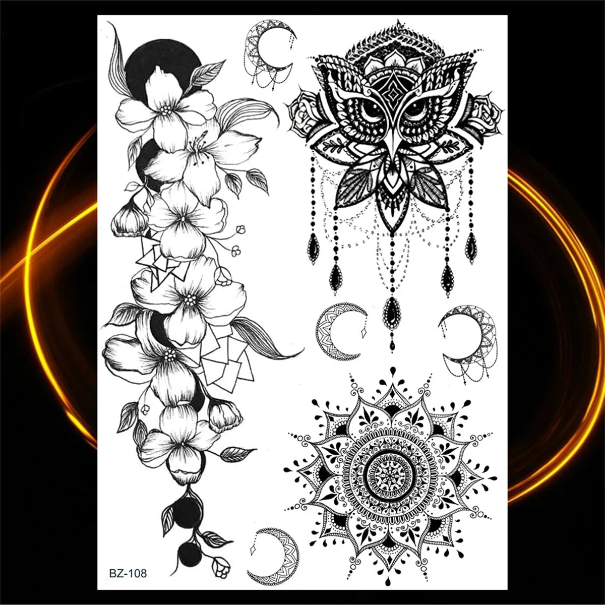 Dospita  -  Black Henna Lotus Pendant Temporary Tattoos For Women Adult DreamCatcher Elephant Fake Tattoo Body Art Underboob Tatoos