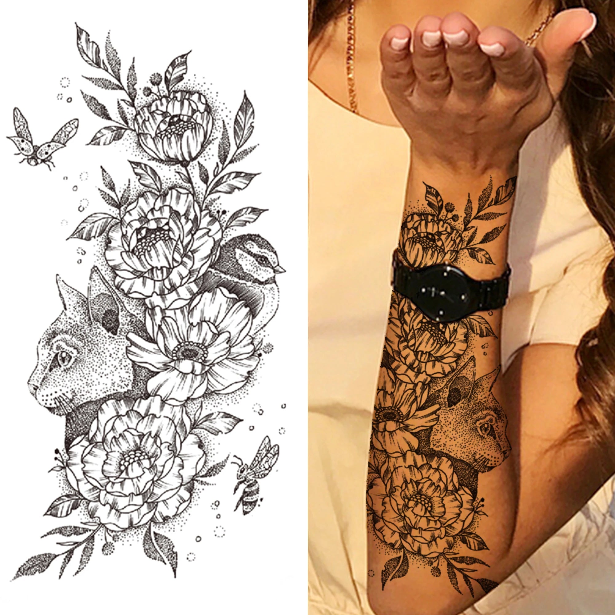 Dospita  -  Black 3D Rose Temporary Tattoo For Women Girls Adult Peony Dahlia Flower Tattoos Sticker Black Flora Glory Geometric Arm Tatoos