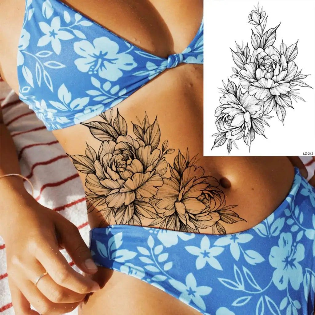 Dospita  -  3D Black Rose Flower Mandala Pendant Temporary Tattoos For Women Adult Lotus Peony Compass Fake Tattoo Sexy Thigh Washable Tatoo