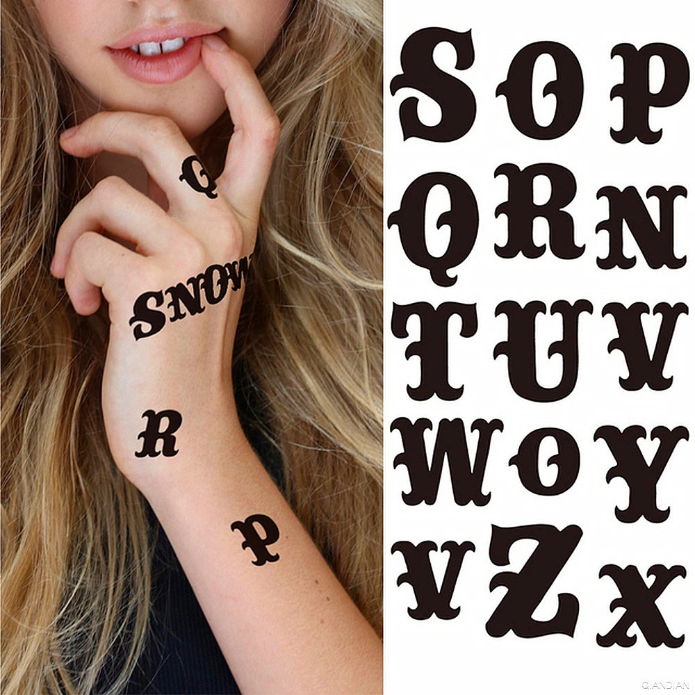 Dospita  -  Black Alphabet Letter Temporary Tattoo Sticker Arm Sleeve Love Word Heart Lightning Fashion Fake Body Leg Finger Women Totem