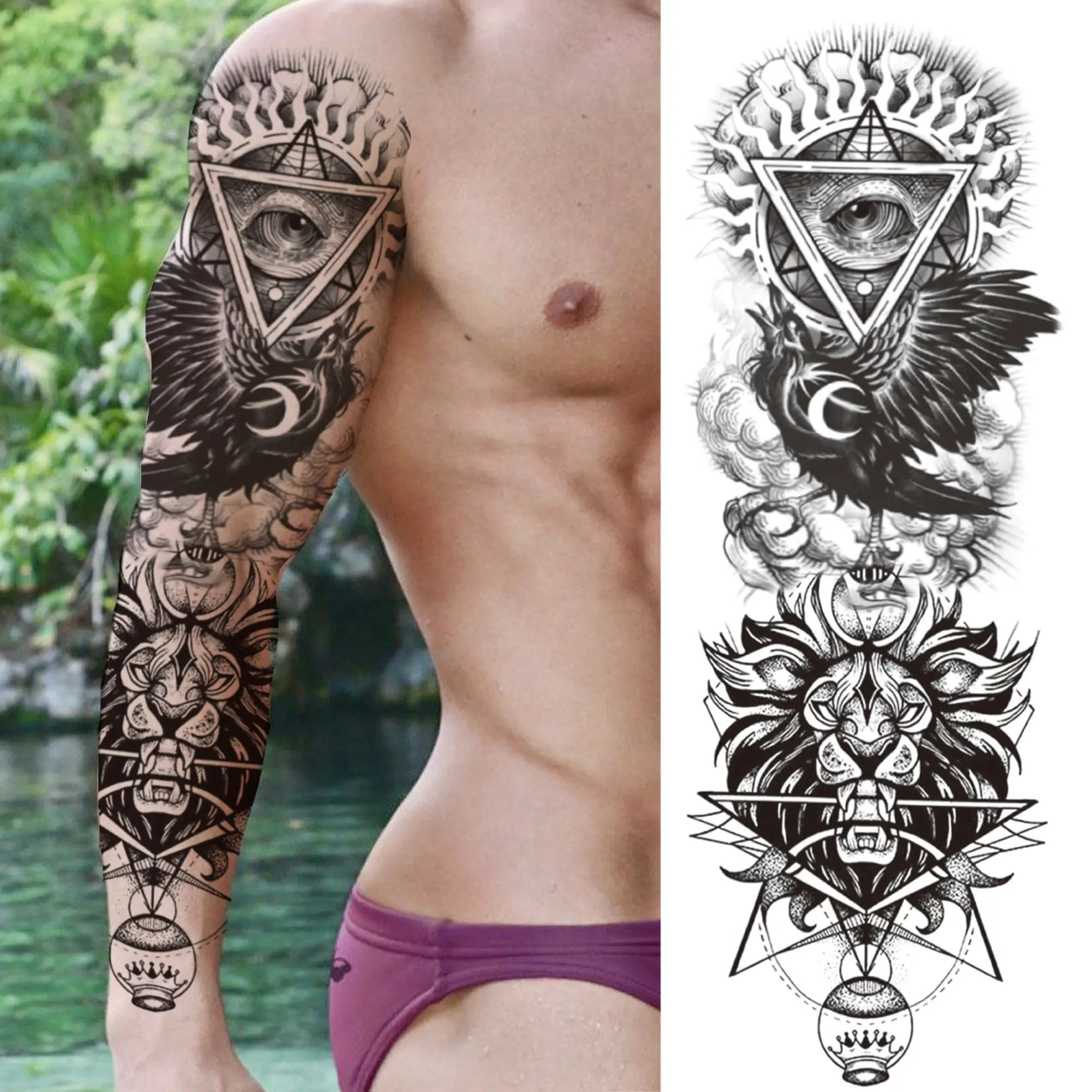 Dospita  -  Black Forest Wolf Temporary Tattoos Sleeve For Men Women Fake Soldier Compass Eye Tattoo Sticker Full Arm Washable Tatoos Sets