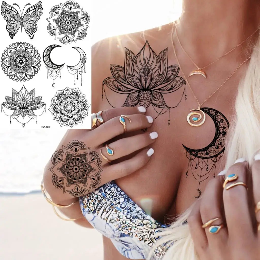 Dospita  -  Black Henna Lotus Pendant Temporary Tattoos For Women Adult DreamCatcher Elephant Fake Tattoo Body Art Underboob Tatoos