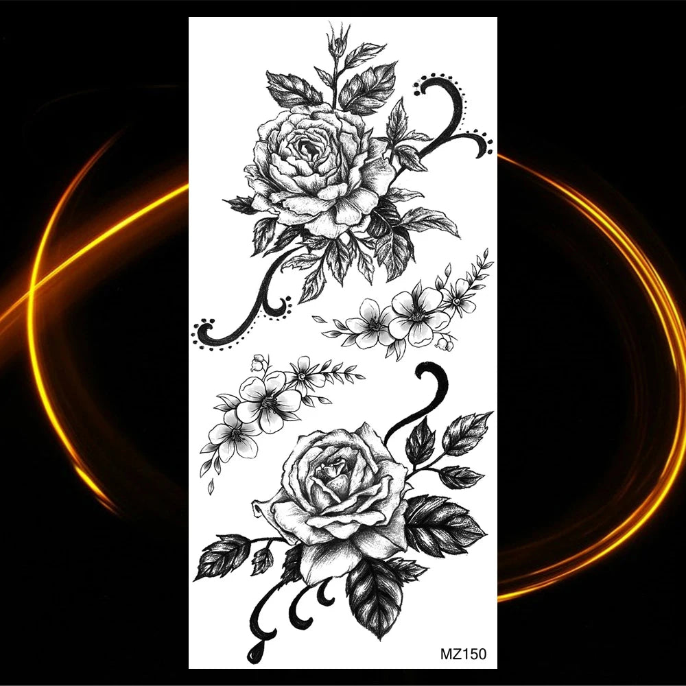 Dospita  -  Black Realistic Rose Flower Temporary Tattoos For Women Adult Girl Peony Realistic Fake Tattoowashable Half Sleeve Tatoos Decal