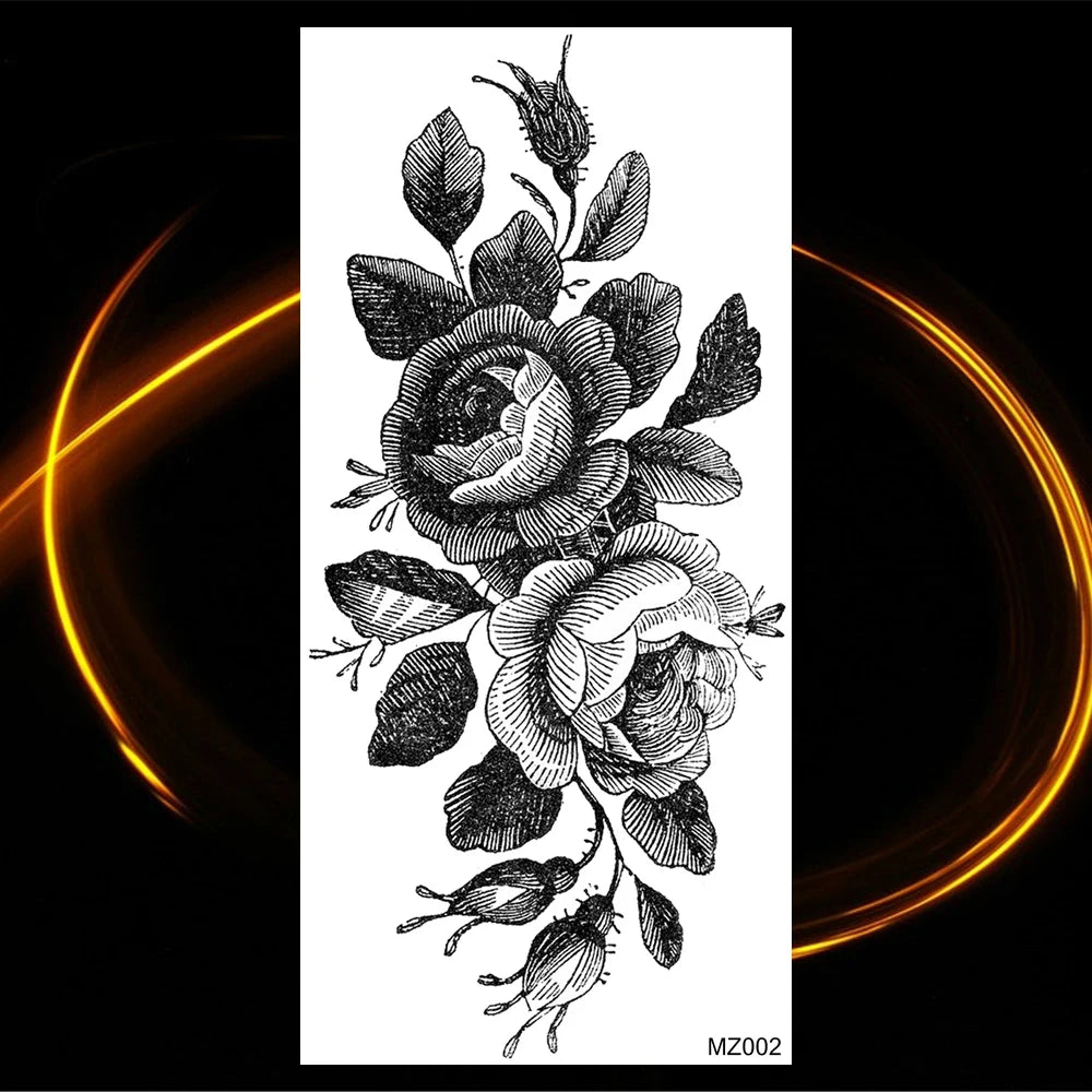 Dospita  -  Black Realistic Rose Flower Temporary Tattoos For Women Adult Girl Peony Realistic Fake Tattoowashable Half Sleeve Tatoos Decal