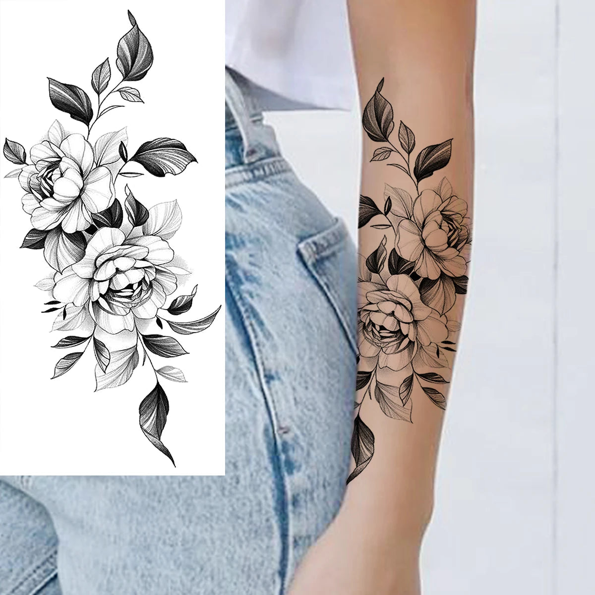 Dospita  -  Black Realistic Rose Flower Temporary Tattoos For Women Adult Girl Peony Realistic Fake Tattoowashable Half Sleeve Tatoos Decal