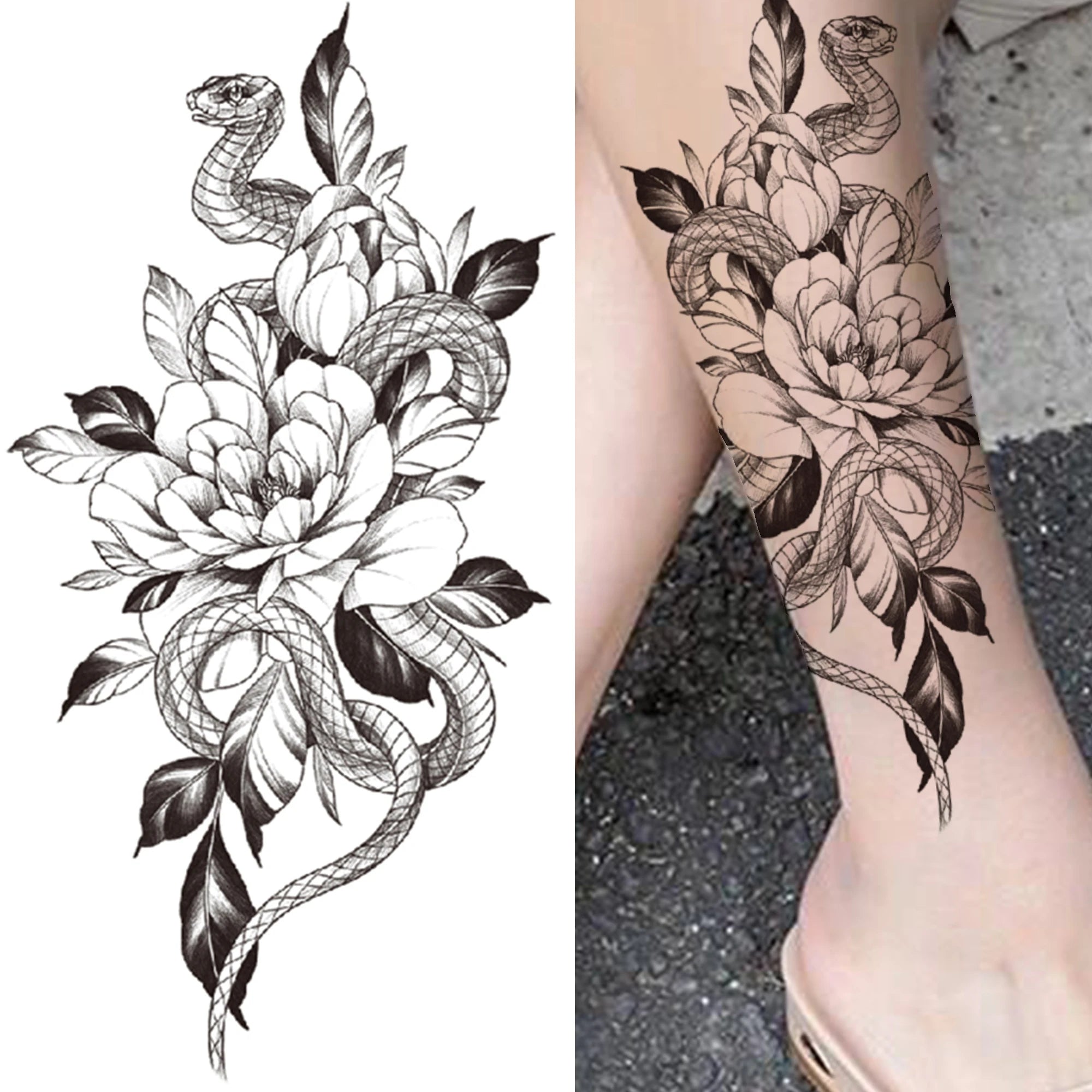 Dospita  -  Black 3D Rose Temporary Tattoo For Women Girls Adult Peony Dahlia Flower Tattoos Sticker Black Flora Glory Geometric Arm Tatoos