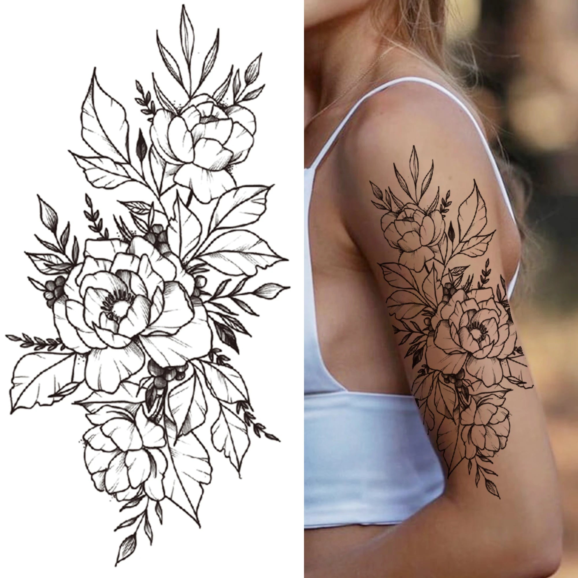 Dospita  -  Black 3D Rose Temporary Tattoo For Women Girls Adult Peony Dahlia Flower Tattoos Sticker Black Flora Glory Geometric Arm Tatoos