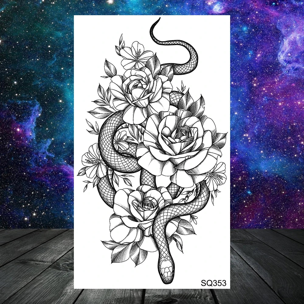 Dospita  -  3D Realistic Snake Moon Temporary Tattoos For Women Adult Men Kids Rose Flower Skull Wolf Fake Tattoo Neck Arm Hands Small Tatoo