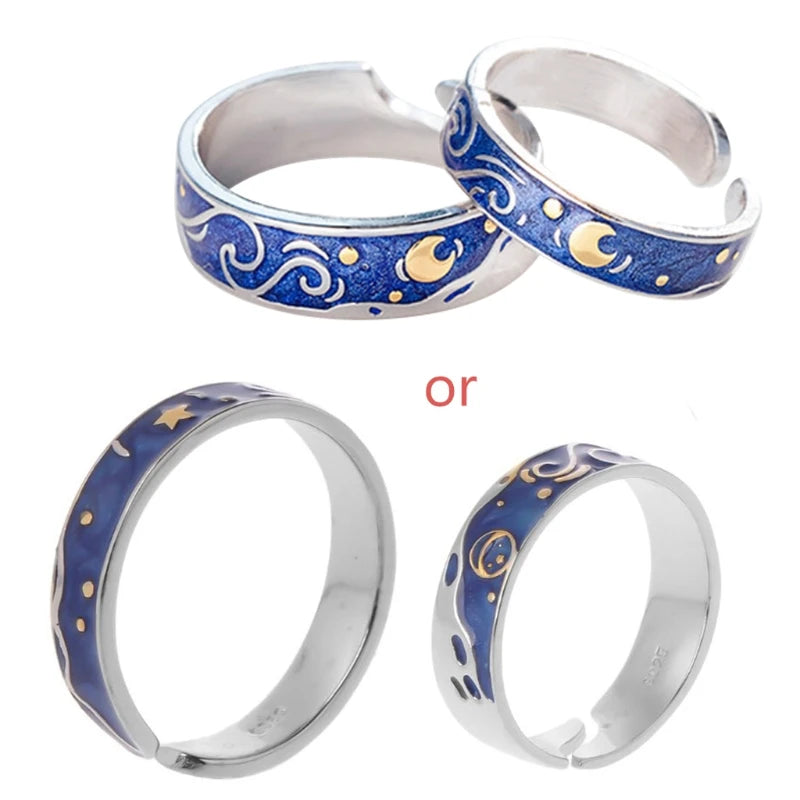 Dospita  -  2Pcs S925 Silver Plated Van Gogh Blue Starry Sky Open Lover Rings Band Love Forever Ring Set Romantic Jewelry