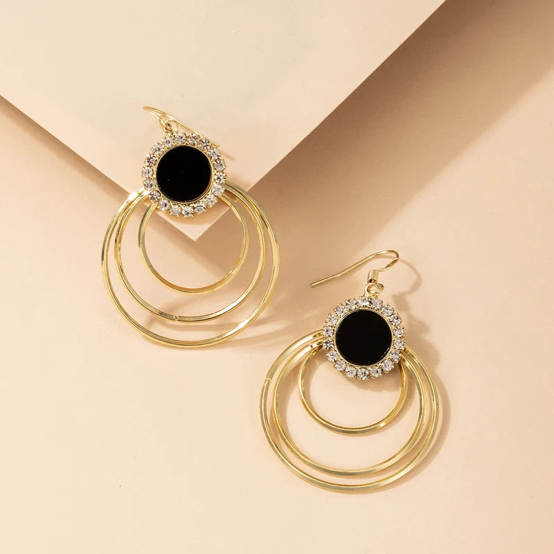 Dospita  Bohemia Circle Rhinestone Drop Earrings for Women Fashion Geometry Black Dripping Oil Girls Wedding Jewelry