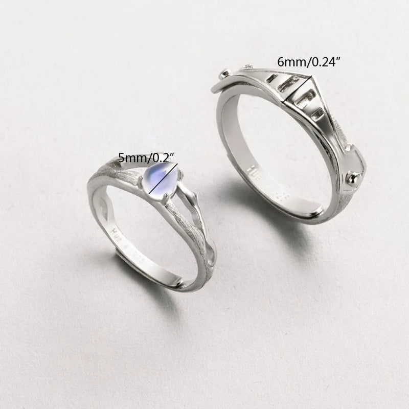 Dospita 2Pcs Moonstone Princess and Knight Lover Matching Open Band Rings Kit Couple Rings Wedding Promise Ring Set Adjustable