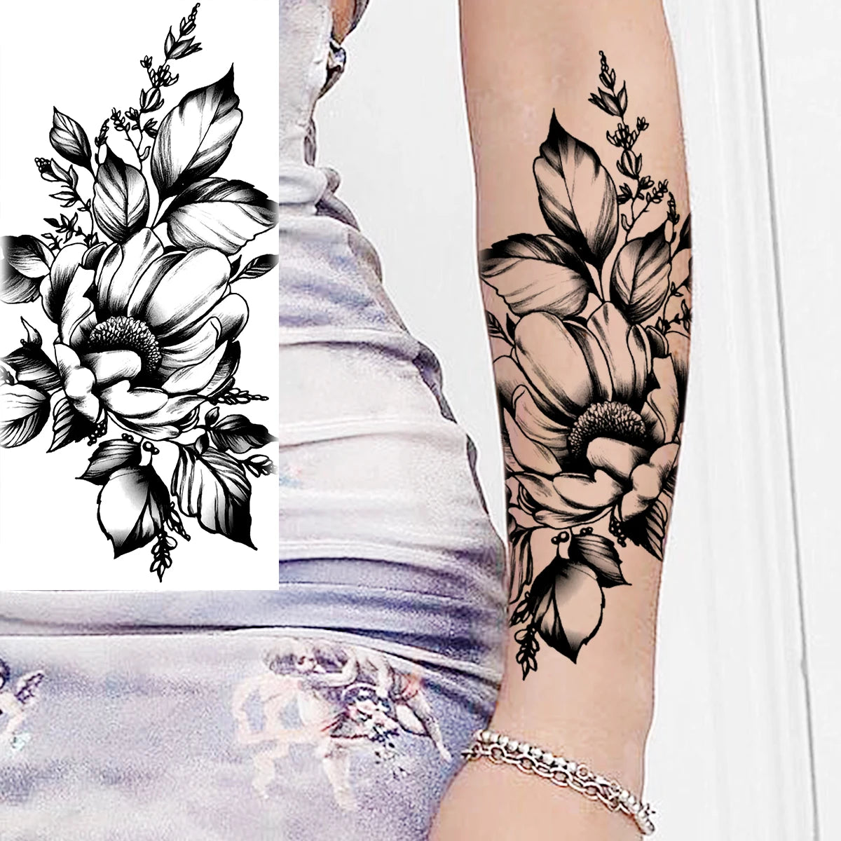 Dospita  -  Black Realistic Rose Flower Temporary Tattoos For Women Adult Girl Peony Realistic Fake Tattoowashable Half Sleeve Tatoos Decal