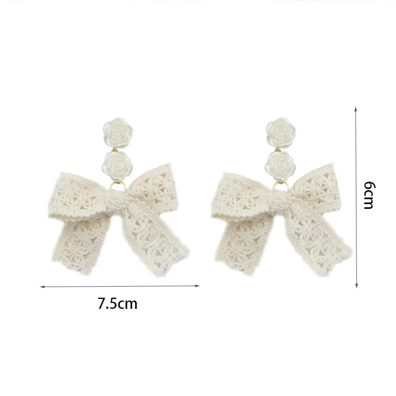 Dospita New Jewelry Korean Sweet Black White Bowknot Women Earrings Sweet Fabric Lace Bow Fashion Drop Earrings Jewelry Gift