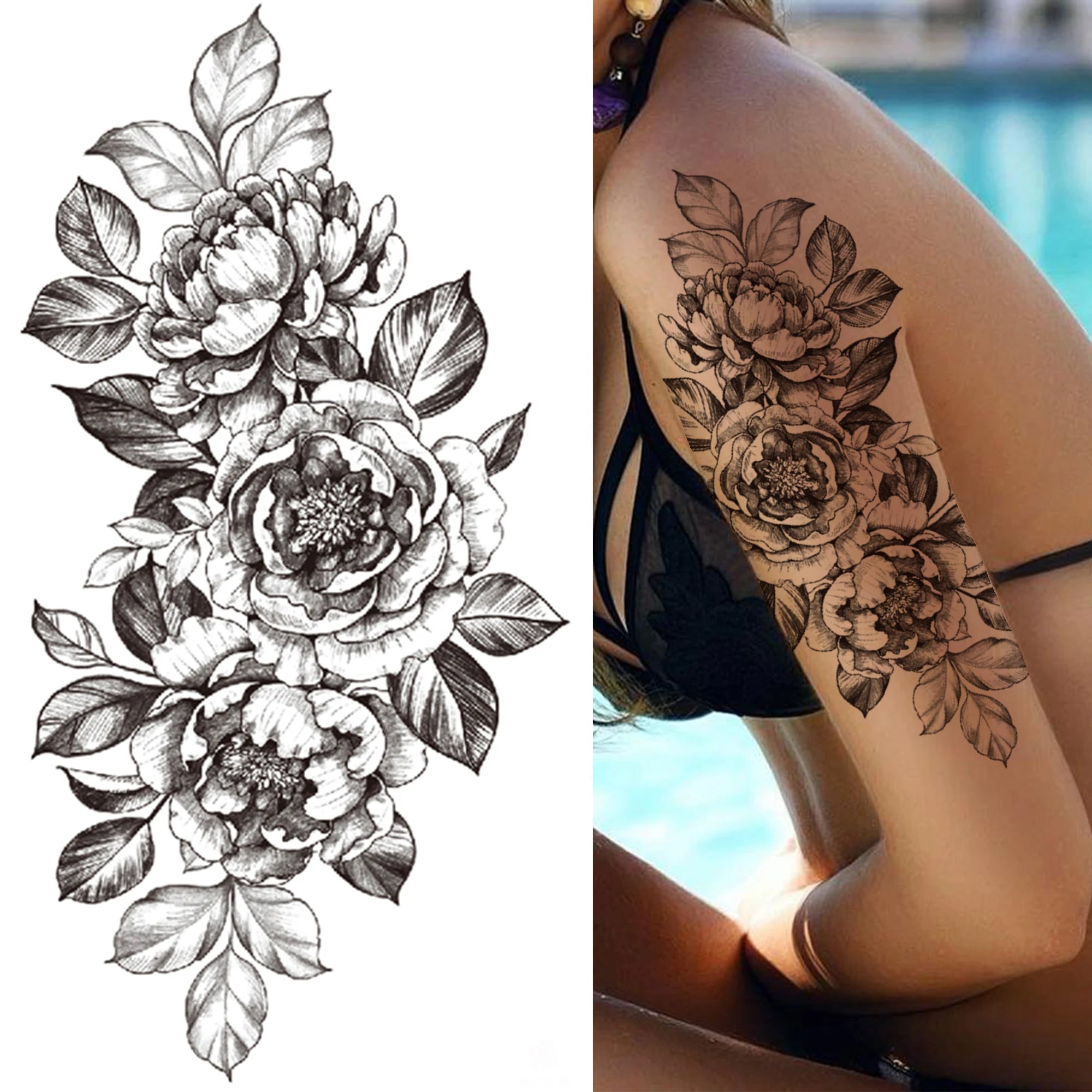 Dospita  -  Black 3D Rose Temporary Tattoo For Women Girls Adult Peony Dahlia Flower Tattoos Sticker Black Flora Glory Geometric Arm Tatoos